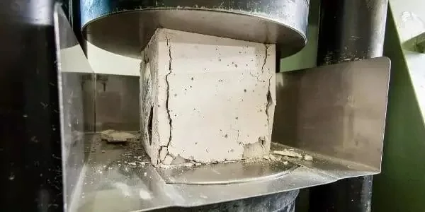 Betonnen proefstuk in een drukpers tijdens een drukproef
