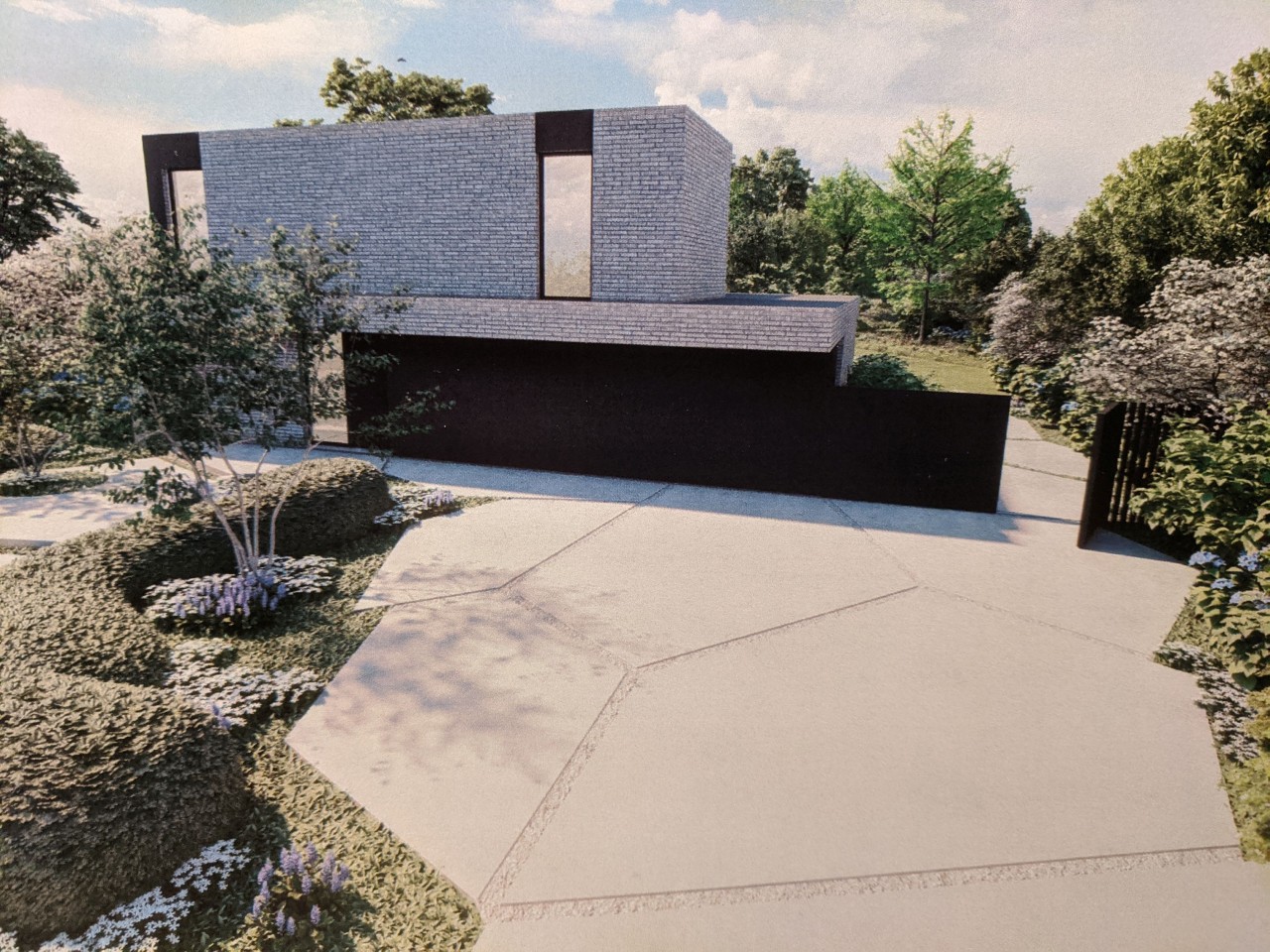 Ontwerpvisualisatie van de betonvlakken aan de voortuin en garage