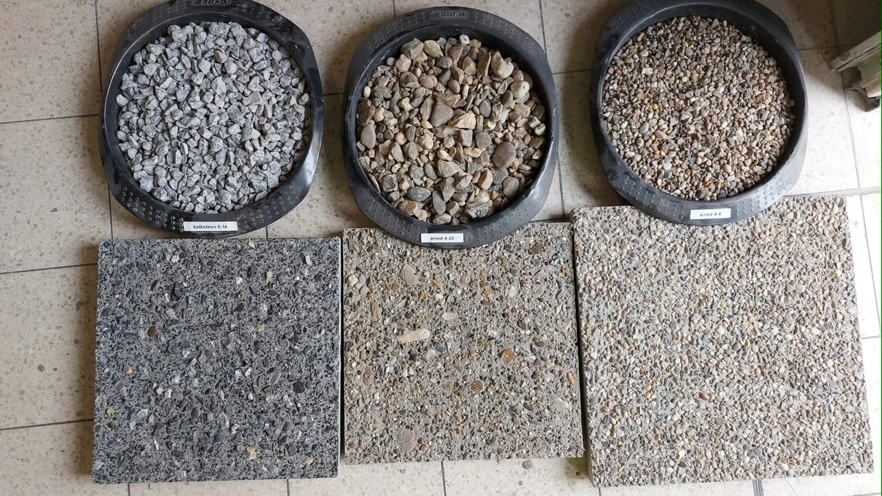 Verschillende granulaten naast betonstalen: vergelijk de korrels én het afgewerkte oppervlak.